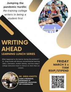 Flyer for Writing Ahead Workshop on Friday, March 3, 2023 at 11 am.