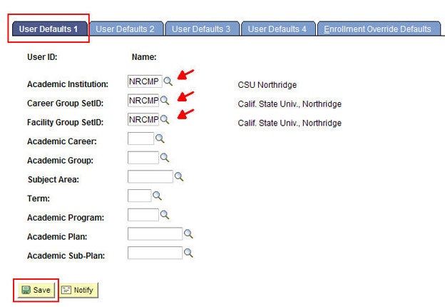 User Defaults 1 page displays.