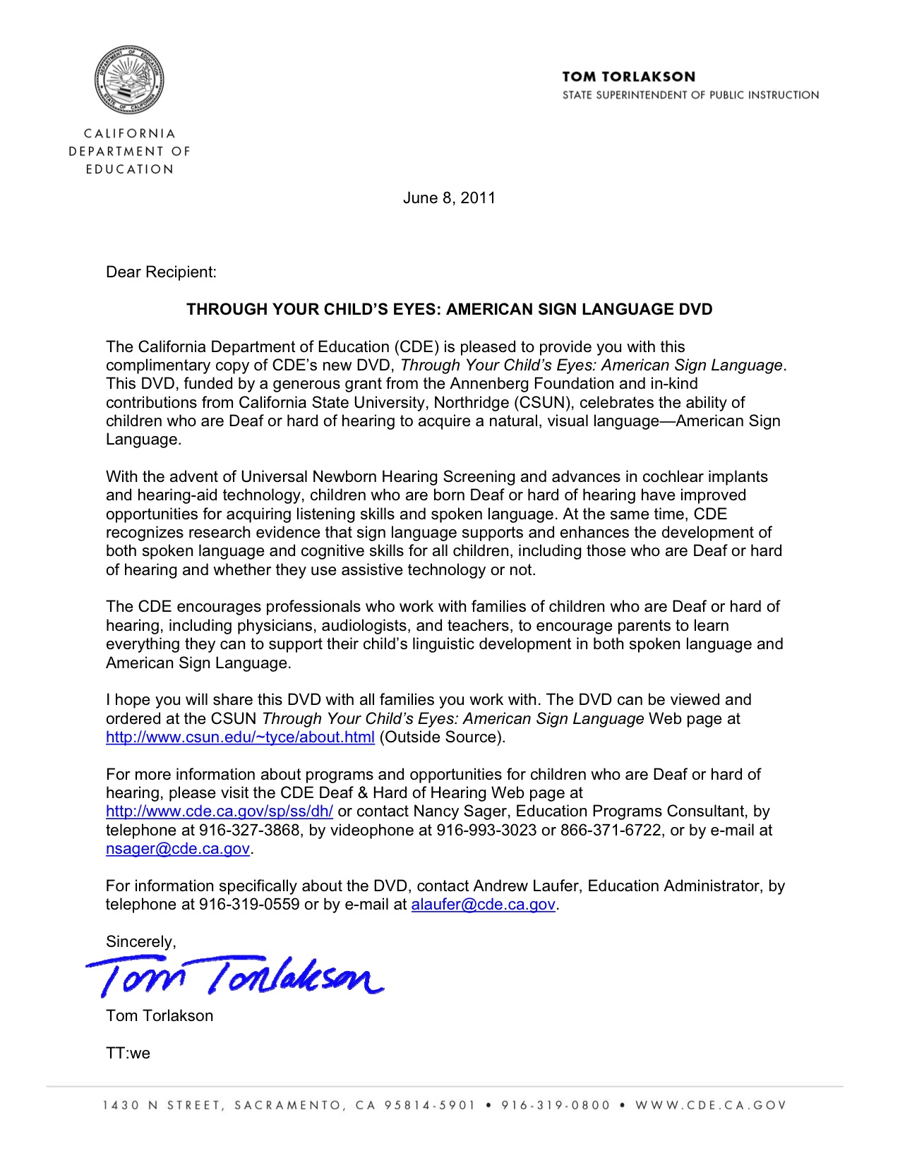 Torlakson Letter