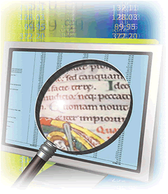 Image of Computer with  Magnifying Lens Showing Medieval Text on the Screen