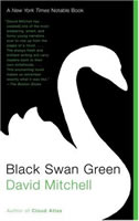 A white swan is silhouetted against a black background with a green stripe running down the right border of this book cover.