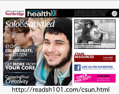 Cover page of February issue of Student Health 101-CSUN featuring stories about exercise, creativity, and relationships.