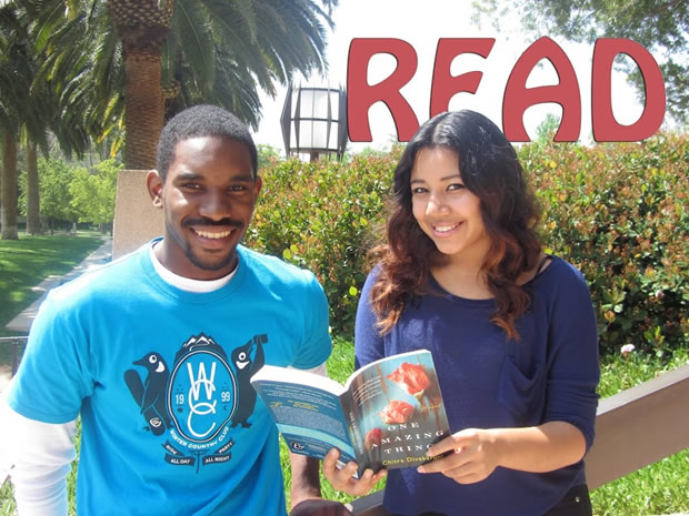 Two CSUN students reading One Amazing Thing