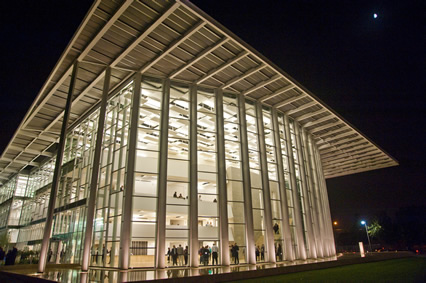 Evening view of the Valley Performing Arts Center, CSUN's "glass castle."