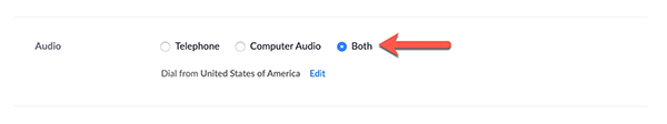Audio settings with red arrow pointing at radio button labeled Both
