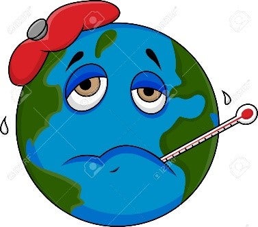 Cartoon picture of a sick planet earth with a fever.