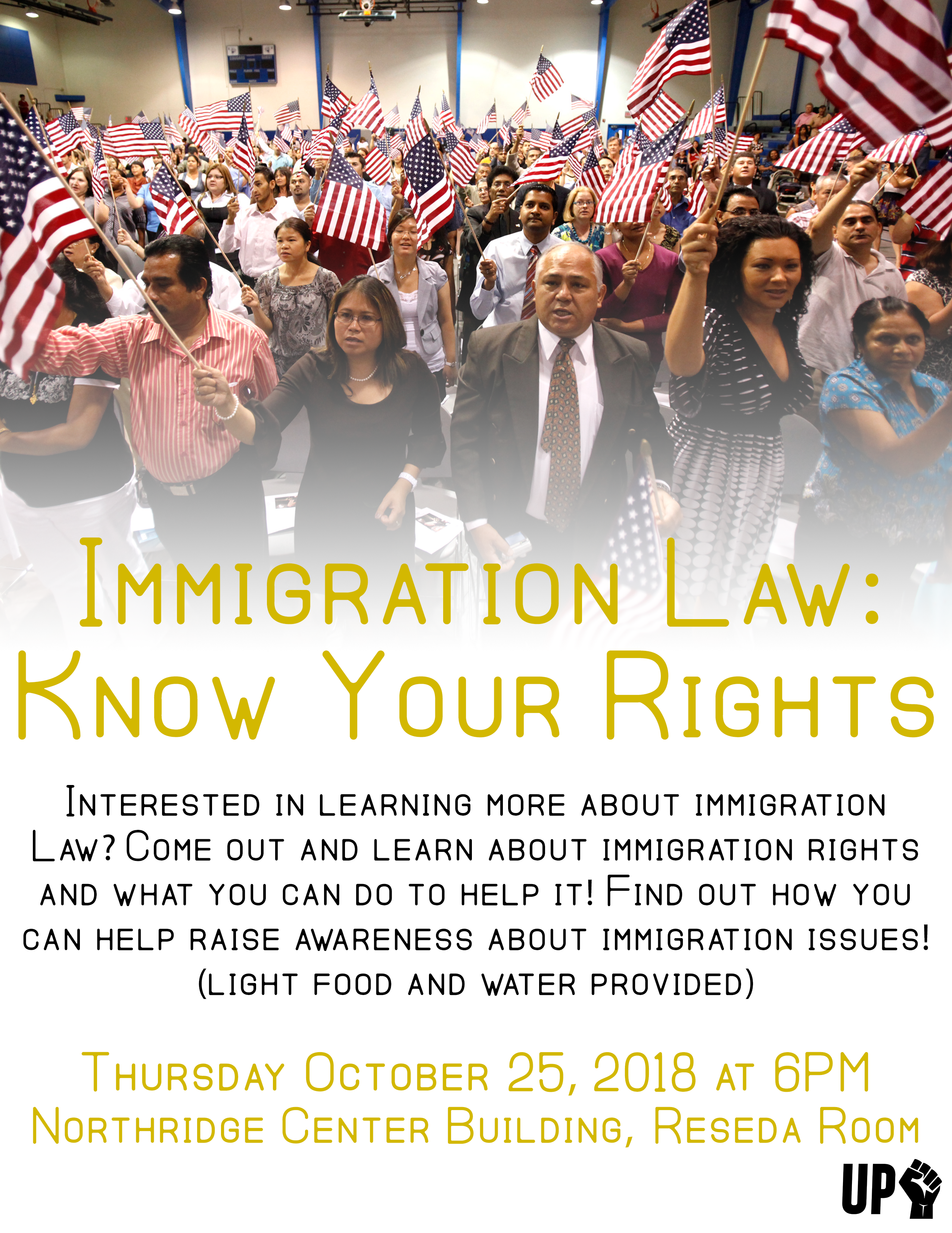 Immigration Law: Know Your Rights -Diverse crowd of people holding American Flags