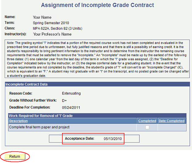 Contract page displaying date of acceptance.