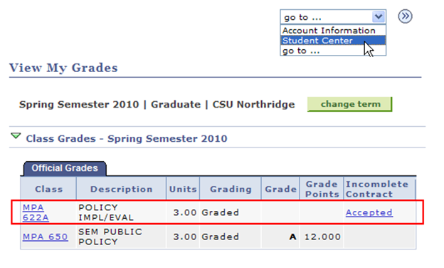 The accepted contract link appears in the last column of the grades table.