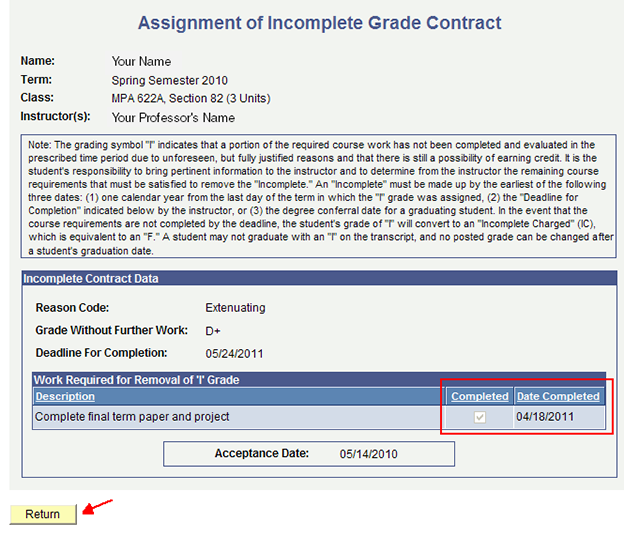 Incomplete contract page shows the date the course work was completed.