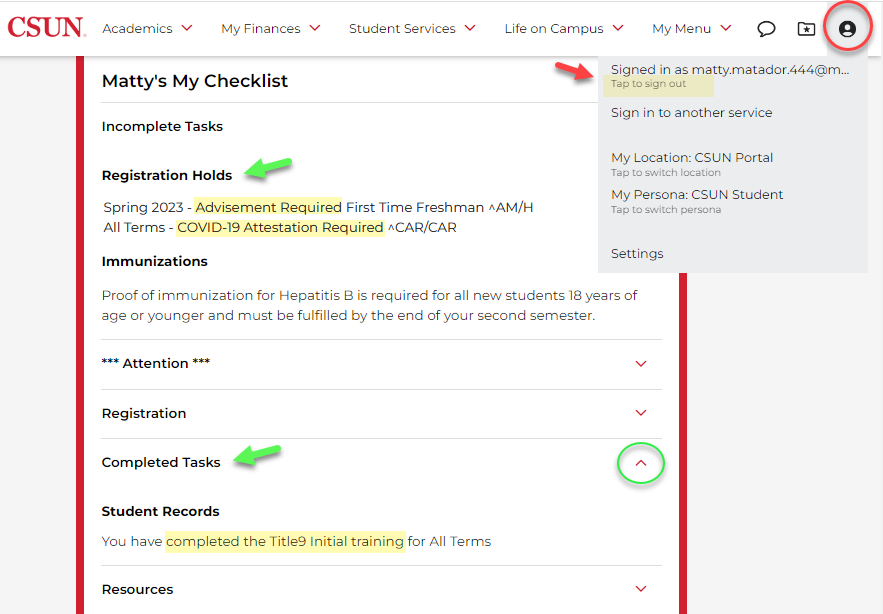 Checklist with Title 9 Initial training completed, incomplete tasks, and logout