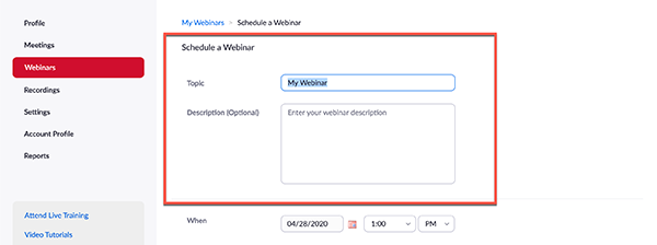 Schedule a webinar page with red box around topic and description fields
