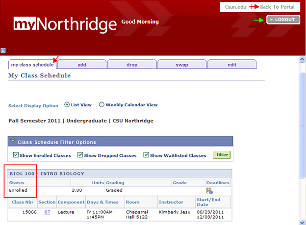 My Class Schedule shows options to view enrolled, dropped, waitlisted classes.