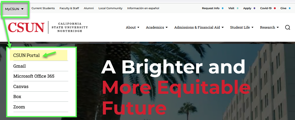 MyCSUN menu on new CSUN home page with CSUN Portal login link