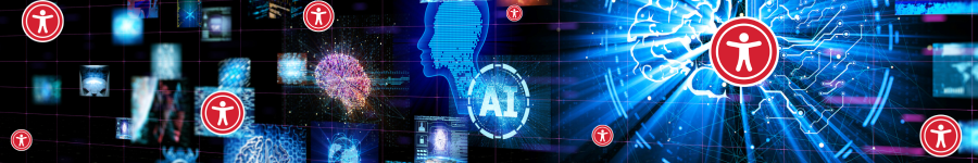 Collage of digital human brains and red accessibility icons with a blue head silhouette and "AI" text.