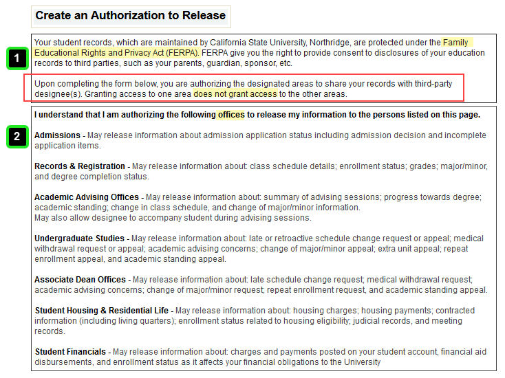 FERPA info, offices to select to release information, and types of records