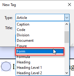 new tag window opened and the 'form' tag type is selected.