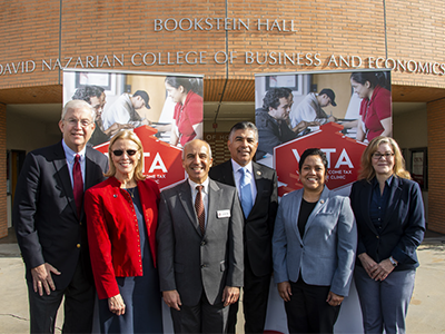 Bill Allen Hon.D. ‘14, CSUN President Dianne F. Harrison, Rafi Efrat, U.S. Congressman Tony Cárdenas, Lisa Salazar and Tracy Chadwick. Photo by David J. Hawkins.