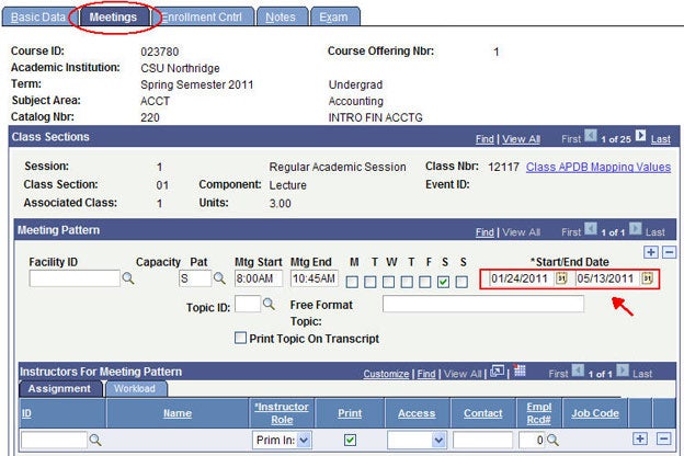 Required meeting and instructor fields on the meetings page.