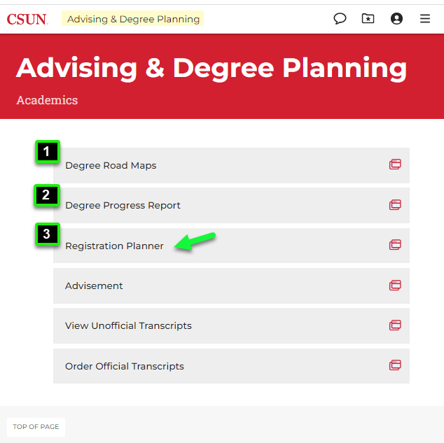 Advising and Degree Planning menu opens to display the 3 degree planning tools