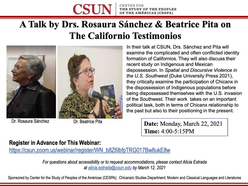 A Talk by Drs. Rosaura S nchez Beatrice Pita on The Californio