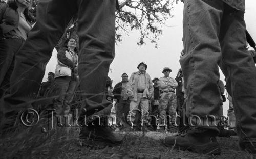 Minuteman patrols receive instructions on the rules of engagement at morning orientation near Palominas Trading Post before traveling to border watch stations. Palominas, Arizona. April 2005.