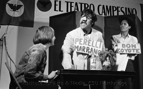 El Teatro Campesino, performing an &quot;acto&quot;, center: Luis Valdez, 1966