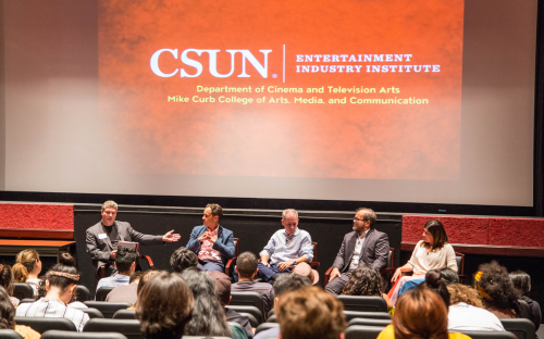 Panel for topic &quot;Media Marketing and Distribution in the Digital Age: A Panel Discussion.&quot;  Moderator Prof Todd Holmes, Cyrus Farrokh, JM Kenny, Ted Willett, and Cheryl Grimley