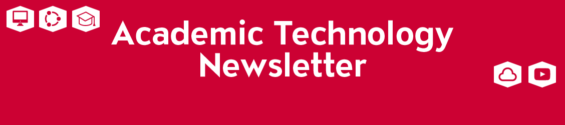 Academic technology newsletter in white with red computer data circle graduation cap cloud and video play button icons