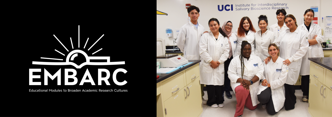 CSUN EMBARC web banner, students in lab coats posing for pictures