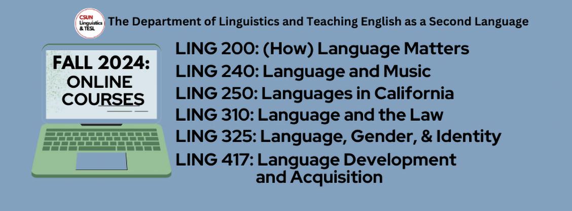 Fall 2024 online classes from the department of linguistics: Ling 200, LING 240, LING 250, LING 310, LING 325, LING 417