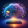 A digital illustration of a glowing cloud connected to an illuminated computer keyboard, with educational symbols like books and a graduation cap inside the cloud.