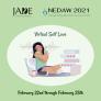 JADE Peer Program presents NEDAW 2021, Virtual Self Love. Girl hugging herself as she&#039;s sitting in front of her laptop. 