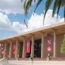 The front of Oviatt library with large red banners hanging spelling CSUN 