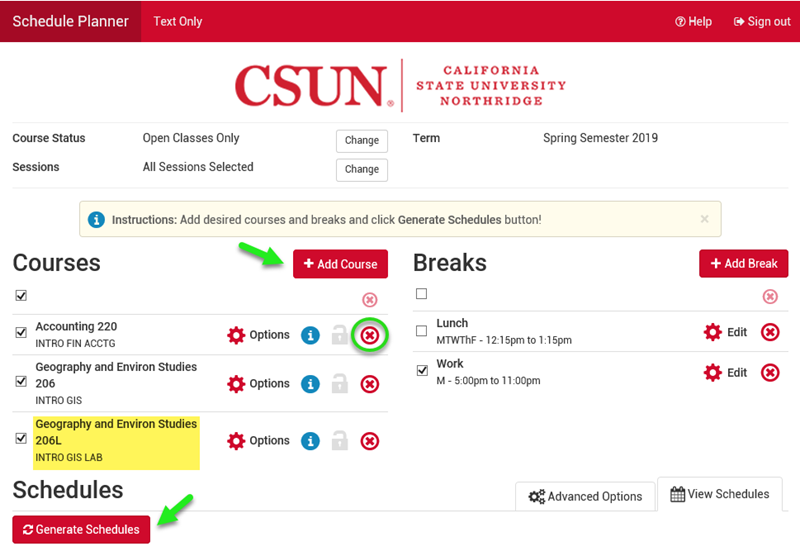 Home page showing corrected list of desired courses, including co-requisite lab