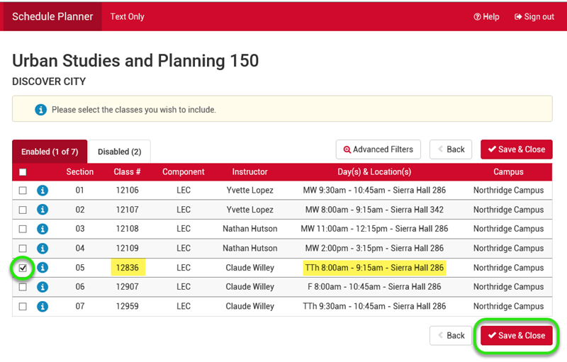 List of all URBS 150 class sections from which to select