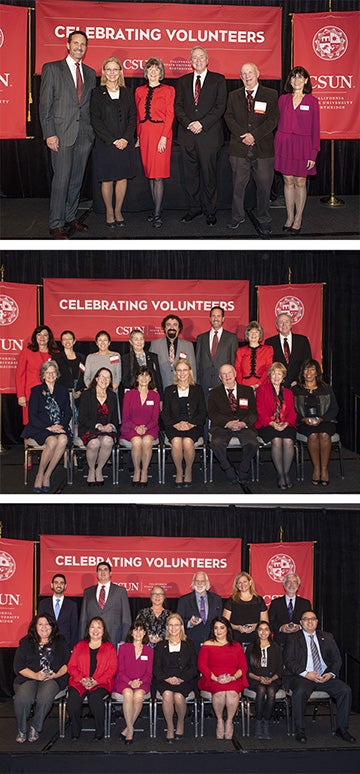 three photos show all who are named in this stories as VSA award recipients.  Each group is pictured with CSUN President Dianne F. Harrison