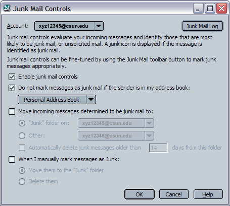 Junk Mail Controls dialog box