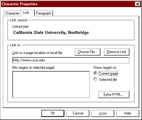 Link Tab of the Character Properties Dialog Box