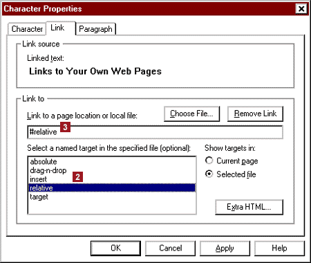 Character Properties Dialog Box with Target Link Shown