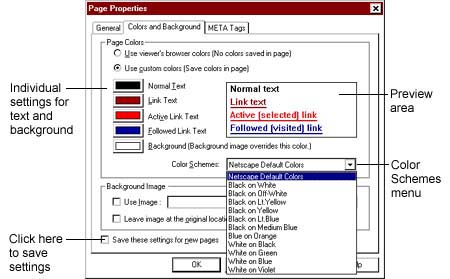 'Colors and Background' tab in 'Page Properties' dialog box