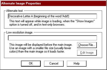'Alternate Images Properties' Dialog Box