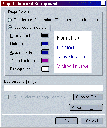 Page Colors and Background Dialog Box