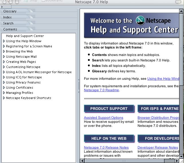 Netscape Help window with Contents selected