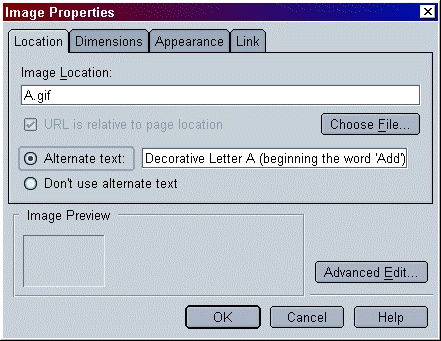Location tab of the Image Properties dialog box