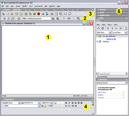 Dreamweaver work area with panels displayed