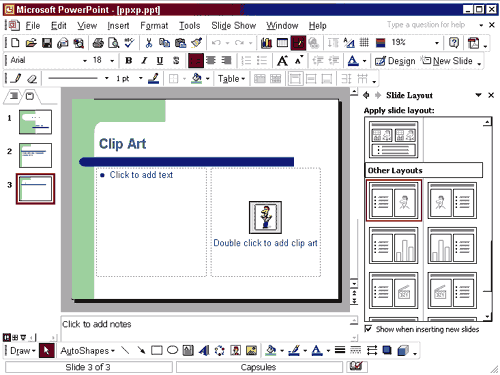PowerPoint window showing slide with clip art layout