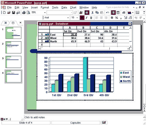 PowerPoint window showing slide with graph and data sheet