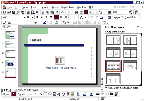 PowerPoint window showing slide with table layout
