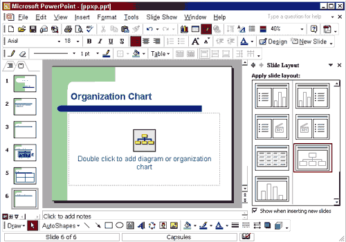 PowerPoint window showing slide with organization chart layout